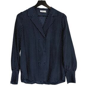 FRAME 100% Silk Polka Dot Double Breasted Blouse Top Navy Blue FLAW - S